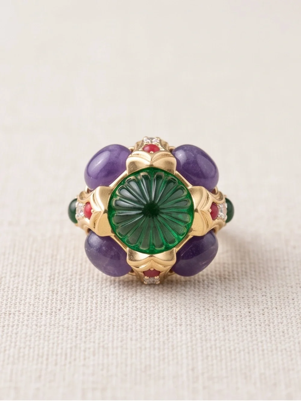 Gold Floral Cocktail Ring with Green Center and Purple Accents